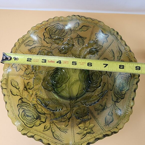 Vintag Green Carnival Style Pressed Glass Rose Pattern Crimped Bowl - Picture 8 of 9